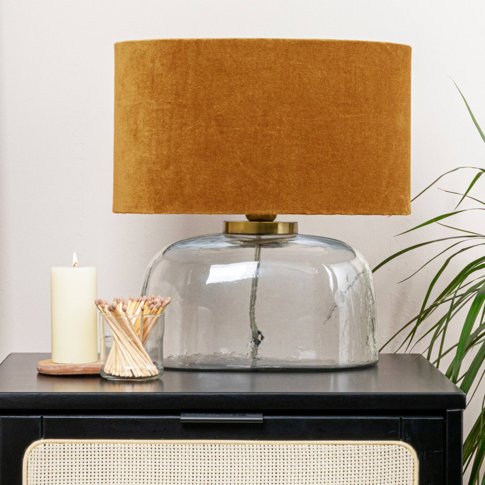 Hello Honey® 14" Modern Table Lamp with Glass Base & Mustard Yellow Velvet Shade